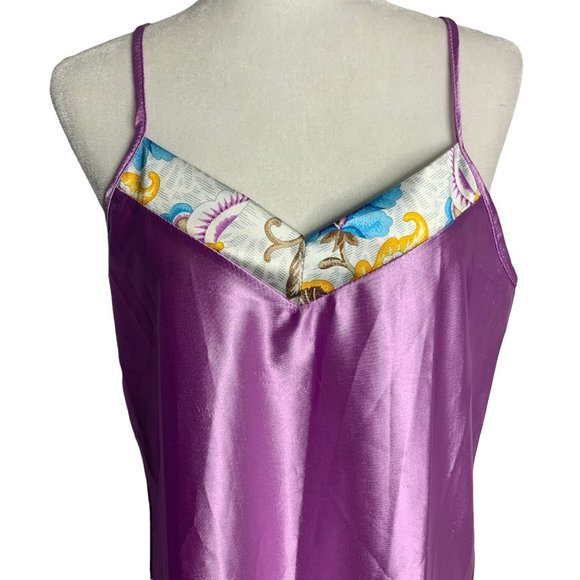 Vintage 80s Silky Nightgown L Purple Floral Spaghetti Straps V Neck Round Hem - Picture 2 of 6